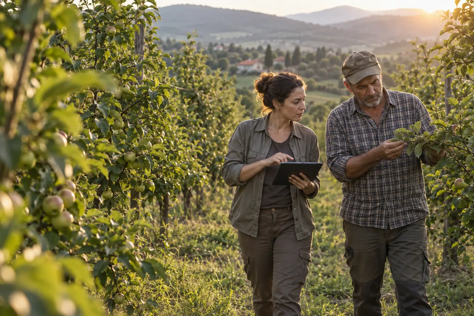 Agronomkinja i proizvođač razgovaraju u voćnjaku